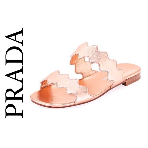 Prada Rose Gold Metallic Scalloped Two-Band Slide Sandals - Picture 1 of 13